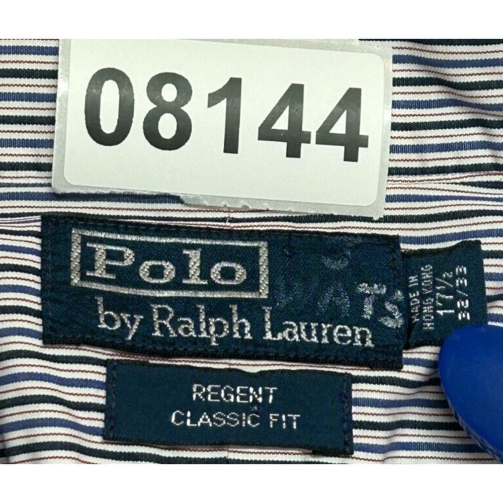 Polo Ralph Lauren Shirt Mens 17.5 32-33‎ Blue Black Stripe Regent Classic Fit - Picture 7 of 7